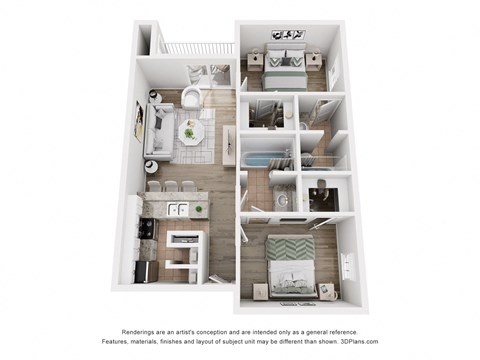 Floor plan for 2 beds, 2 baths, 909 sqft